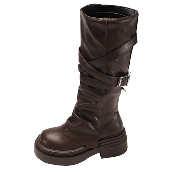 Põlvepikkused PU saapad, paks 3-5 cm kanna, ümmargune varvas, külgne tõmblukk