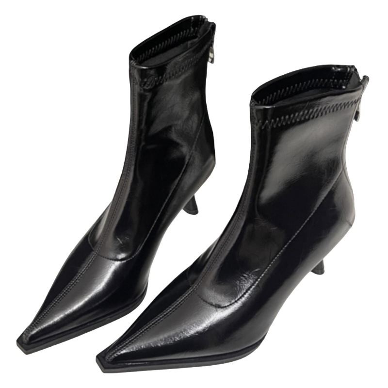 Botine de damă pentru gleznă cu vârf ascuțit, toc înalt 6–8 cm, talpă din cauciuc, material exterior fibră super, căptușeală microfibră