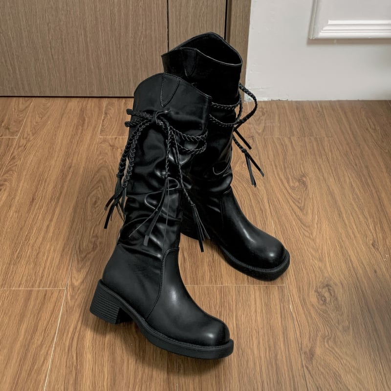 Rüütlite saapad PU ülaosaga, kõrge varbaosa, paks kann, kanna kõrgus 3–5 cm