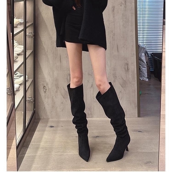 Botine dama din velur cu gambă înaltă, vârf ascuțit, talpă din cauciuc, toc subțire 6-8 cm, toamnă 2025