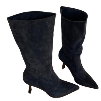 Μποτάκια μόδας με σουέ άνω μέρος, σόλα από καουτσούκ, μυτερό δάχτυλο, 6–8 εκ ύψος τακουνιού, ψηλός σωλήνας