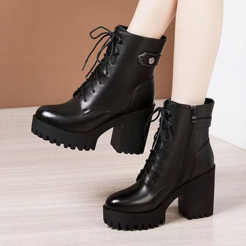 Γυναικείες μπότες μέχρι τη γάμπα με χοντρό τακούνι, φερμουάρ στο πλάι, χειμωνιάτικη επένδυση και καουτσούκ σόλα