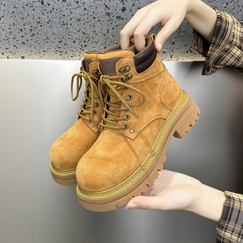 Μποτάκια Martin για γυναίκες, σουέτ επάνω, σόλα καουτσούκ, 3-5 εκ μεσαίο ύψος τακουνιού, στρογγυλή μύτη, κορδόνια μπροστά