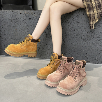 Μποτάκια Martin για γυναίκες, σουέτ επάνω, σόλα καουτσούκ, 3-5 εκ μεσαίο ύψος τακουνιού, στρογγυλή μύτη, κορδόνια μπροστά