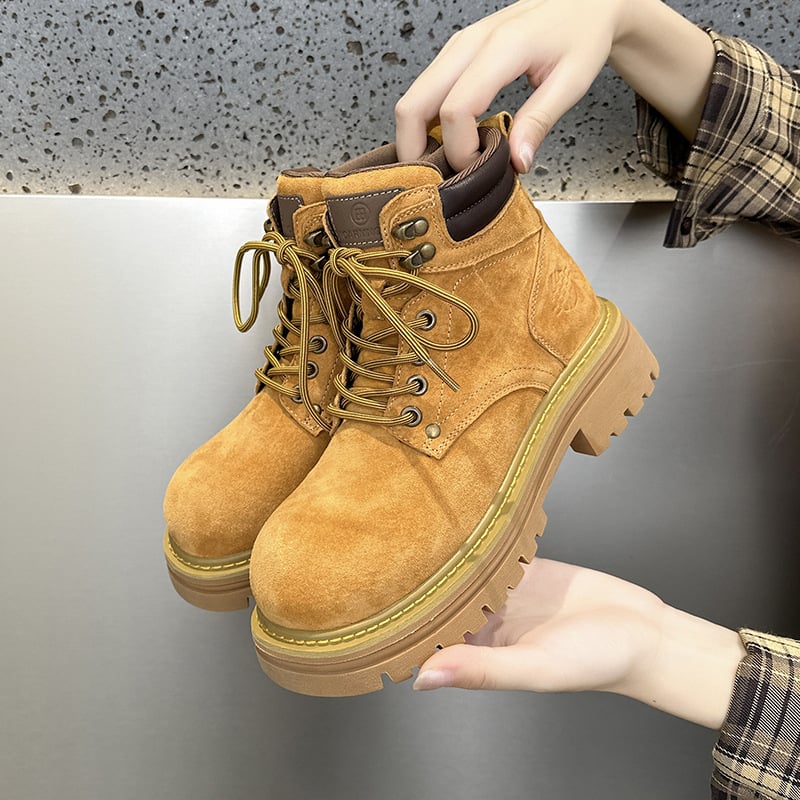 Μποτάκια Martin για γυναίκες, σουέτ επάνω, σόλα καουτσούκ, 3-5 εκ μεσαίο ύψος τακουνιού, στρογγυλή μύτη, κορδόνια μπροστά