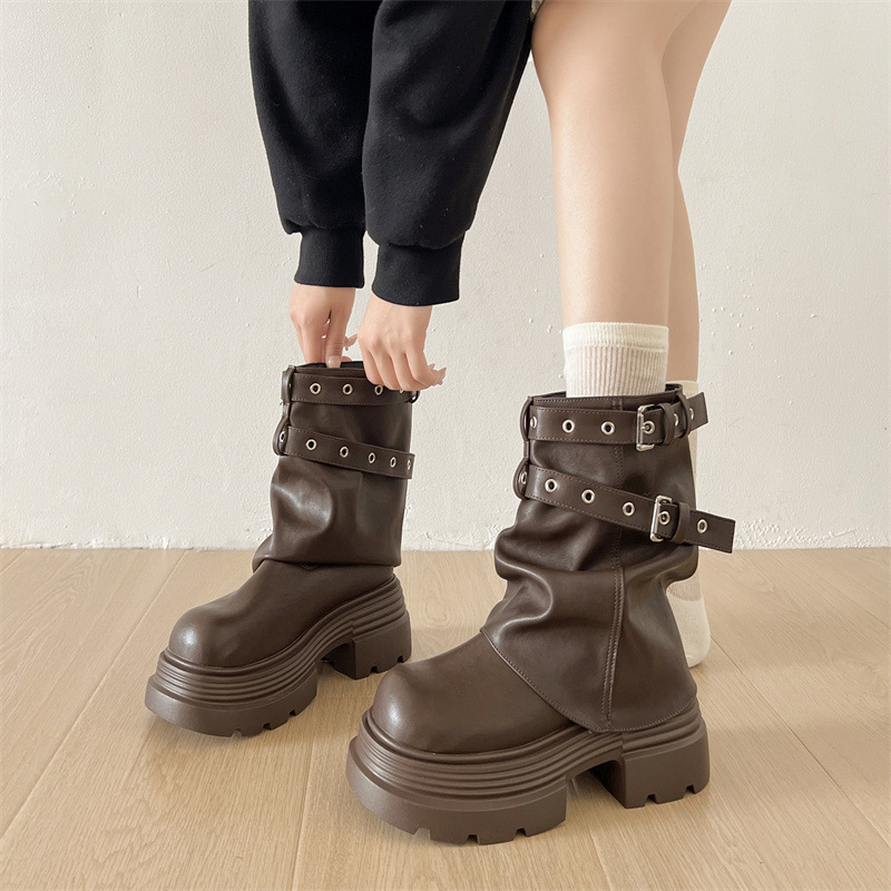 Γυναικείες μπότες Μάρτιν με χοντρό τακούνι και πλατφόρμα, βρετανικό στυλ, πλευρικό φερμουάρ