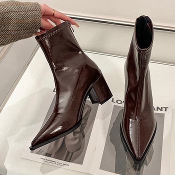 Γυναικείες μυτερές μπόττες με λεπτή γραμμή, φαρδύς τακούνι 6–8 cm, πίσω φερμουάρ, επάνω υλικό από super fiber