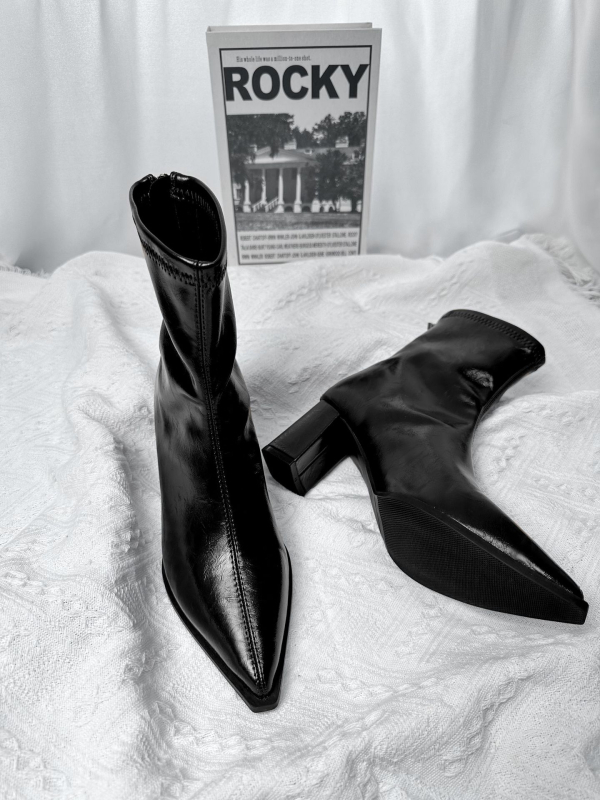 Γυναικείες μυτερές μπόττες με λεπτή γραμμή, φαρδύς τακούνι 6–8 cm, πίσω φερμουάρ, επάνω υλικό από super fiber