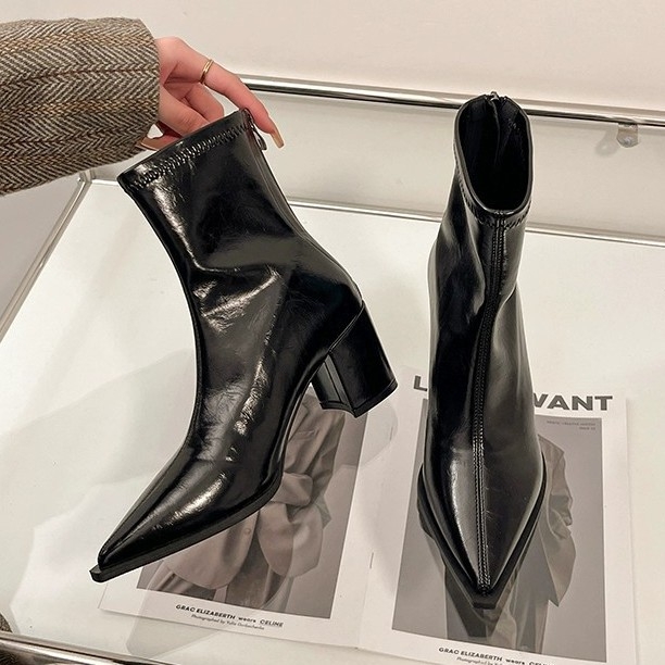 Γυναικείες μυτερές μπόττες με λεπτή γραμμή, φαρδύς τακούνι 6–8 cm, πίσω φερμουάρ, επάνω υλικό από super fiber