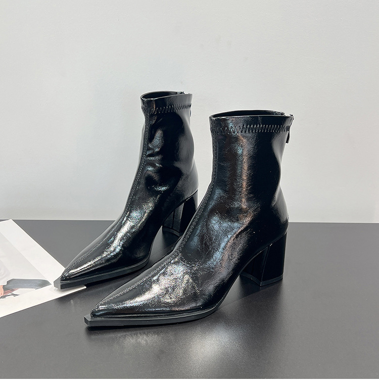 Γυναικείες μυτερές μπόττες με λεπτή γραμμή, φαρδύς τακούνι 6–8 cm, πίσω φερμουάρ, επάνω υλικό από super fiber