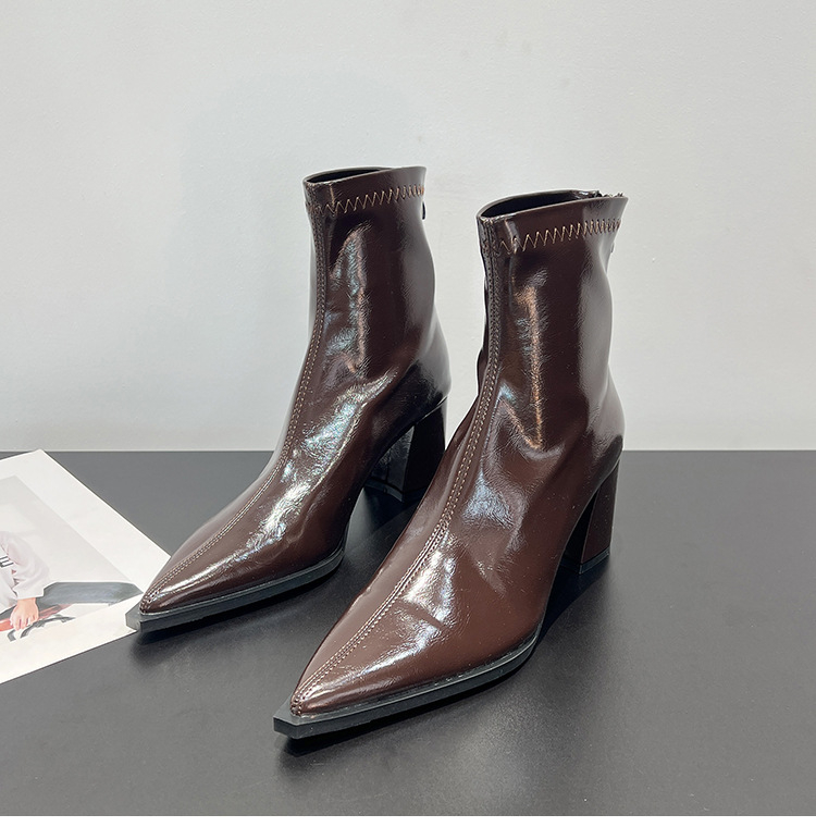 Γυναικείες μυτερές μπόττες με λεπτή γραμμή, φαρδύς τακούνι 6–8 cm, πίσω φερμουάρ, επάνω υλικό από super fiber