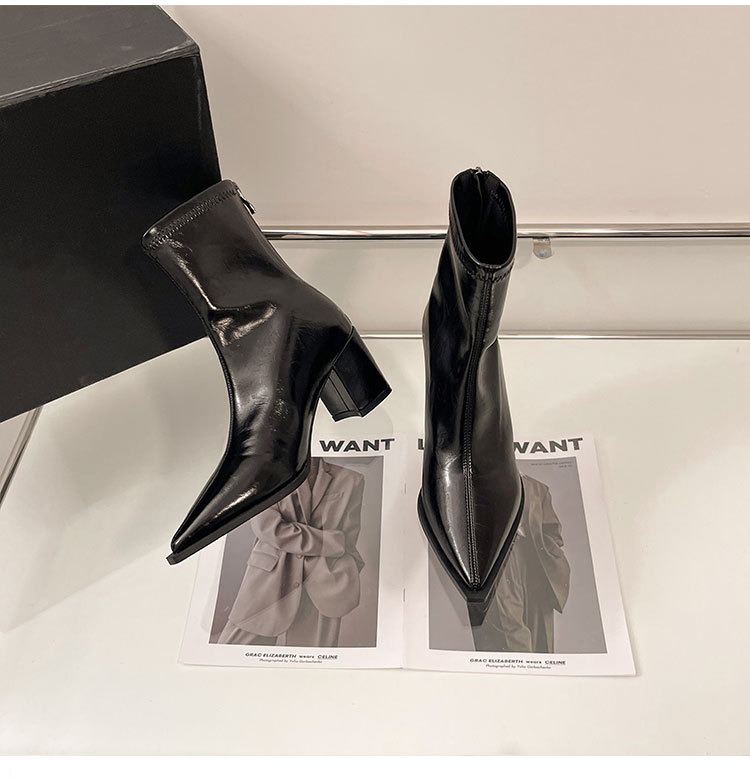 Γυναικείες μυτερές μπόττες με λεπτή γραμμή, φαρδύς τακούνι 6–8 cm, πίσω φερμουάρ, επάνω υλικό από super fiber