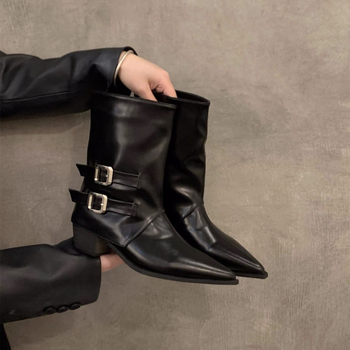 Μποτάκια μόδας με μυτερό άκρο, ρετρό στυλ, κοντό ύψος μπότας, πλαϊνό φερμουάρ, φαρδύς τακούνι 3–5 εκ