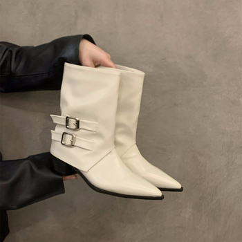 Μποτάκια μόδας με μυτερό άκρο, ρετρό στυλ, κοντό ύψος μπότας, πλαϊνό φερμουάρ, φαρδύς τακούνι 3–5 εκ