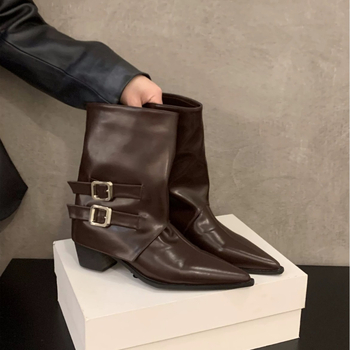 Μποτάκια μόδας με μυτερό άκρο, ρετρό στυλ, κοντό ύψος μπότας, πλαϊνό φερμουάρ, φαρδύς τακούνι 3–5 εκ