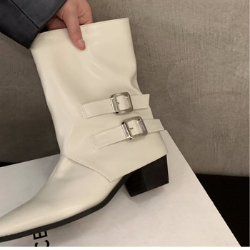 Μποτάκια μόδας με μυτερό άκρο, ρετρό στυλ, κοντό ύψος μπότας, πλαϊνό φερμουάρ, φαρδύς τακούνι 3–5 εκ