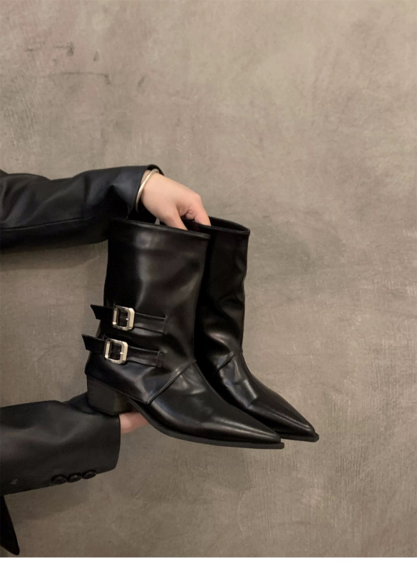 Μποτάκια μόδας με μυτερό άκρο, ρετρό στυλ, κοντό ύψος μπότας, πλαϊνό φερμουάρ, φαρδύς τακούνι 3–5 εκ