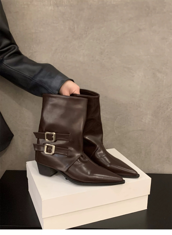 Μποτάκια μόδας με μυτερό άκρο, ρετρό στυλ, κοντό ύψος μπότας, πλαϊνό φερμουάρ, φαρδύς τακούνι 3–5 εκ