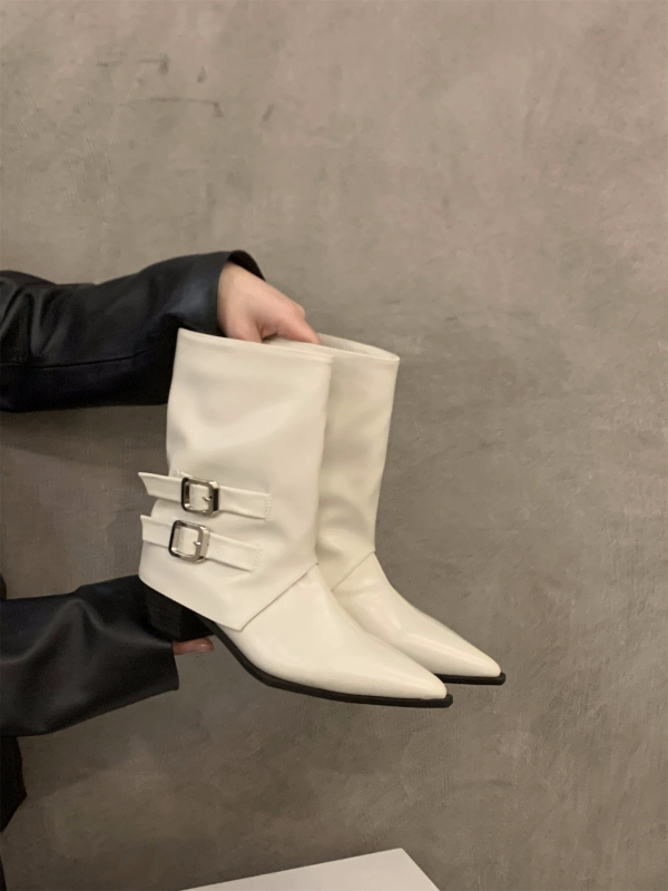 Μποτάκια μόδας με μυτερό άκρο, ρετρό στυλ, κοντό ύψος μπότας, πλαϊνό φερμουάρ, φαρδύς τακούνι 3–5 εκ