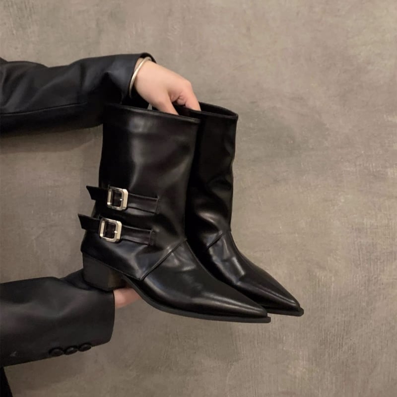 Μποτάκια μόδας με μυτερό άκρο, ρετρό στυλ, κοντό ύψος μπότας, πλαϊνό φερμουάρ, φαρδύς τακούνι 3–5 εκ