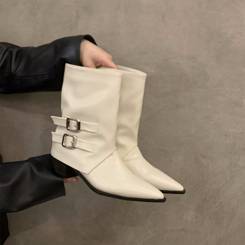 Μποτάκια μόδας με μυτερό άκρο, ρετρό στυλ, κοντό ύψος μπότας, πλαϊνό φερμουάρ, φαρδύς τακούνι 3–5 εκ