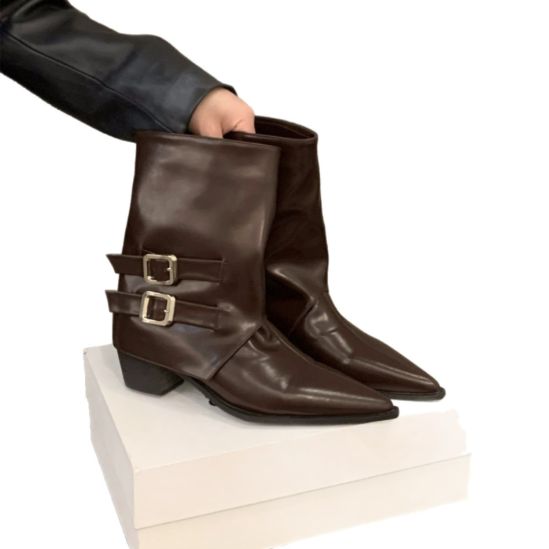 Μποτάκια μόδας με μυτερό άκρο, ρετρό στυλ, κοντό ύψος μπότας, πλαϊνό φερμουάρ, φαρδύς τακούνι 3–5 εκ