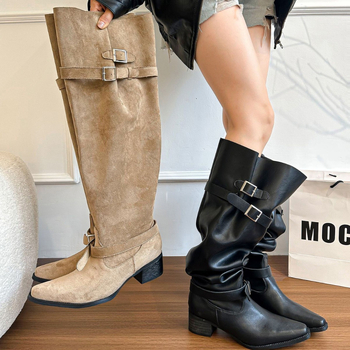 Λεπτές μπότες με ψηλό σωλήνα, μυτερή μύτη, κούμπωμα με αγκράφα, παχύ χαμηλό τακούνι 1-3 εκ