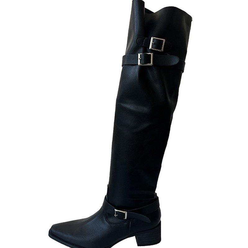 Λεπτές μπότες με ψηλό σωλήνα, μυτερή μύτη, κούμπωμα με αγκράφα, παχύ χαμηλό τακούνι 1-3 εκ