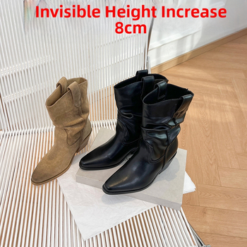 Sieviešu velūra kauboju zābaki ar asi purnu, smags papēdis 6–8 cm, gumijas zole, retro stils