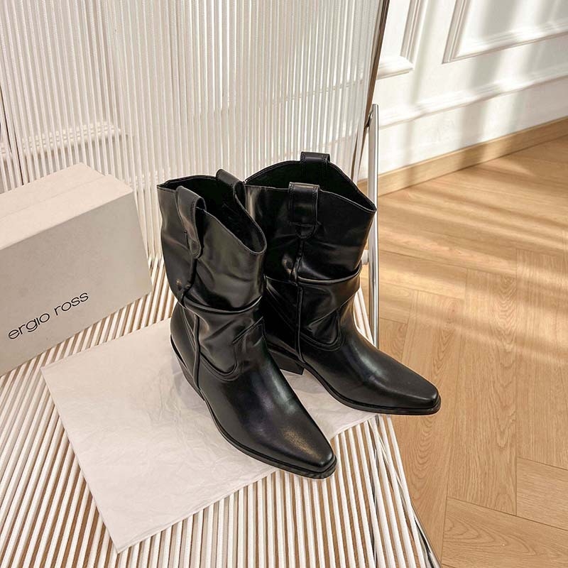 Γυναικείες σουέντ καουμπόϊκες μπότες με μυτερό δάχτυλο, χοντρό τακούνι 6–8 cm, σόλα από καουτσούκ, ρετρό στυλ