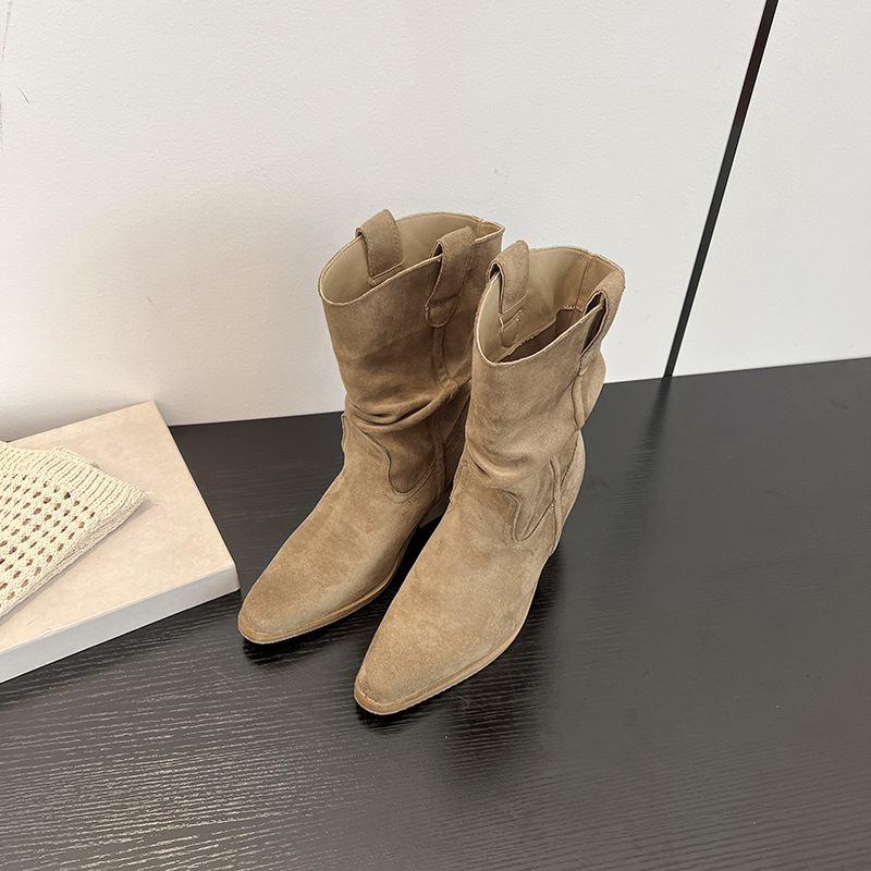 Γυναικείες σουέντ καουμπόϊκες μπότες με μυτερό δάχτυλο, χοντρό τακούνι 6–8 cm, σόλα από καουτσούκ, ρετρό στυλ