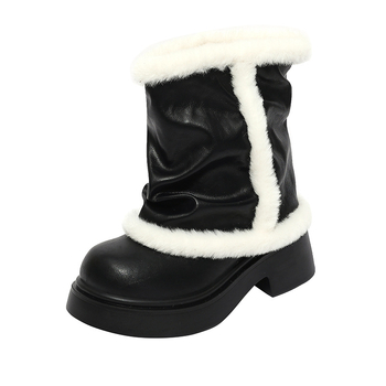 Γυναικείες χειμερινές μπότες με τεχνητή γούνα – εσωτερική επένδυση από τεχνητή γούνα, παχιά σόλα από καουτσούκ, μεσαίο ύψος μανσέτας, στρογγυλή μύτη
