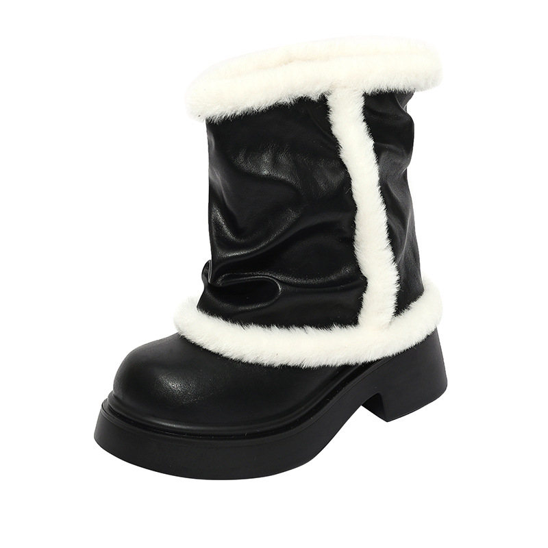 Sieviešu ziemas zābaki ar mākslīgu kažoku un biezu gumijas zolu – iekšējā odere no mākslīgā kažoka, vidēja augstuma potītes, apaļš purns