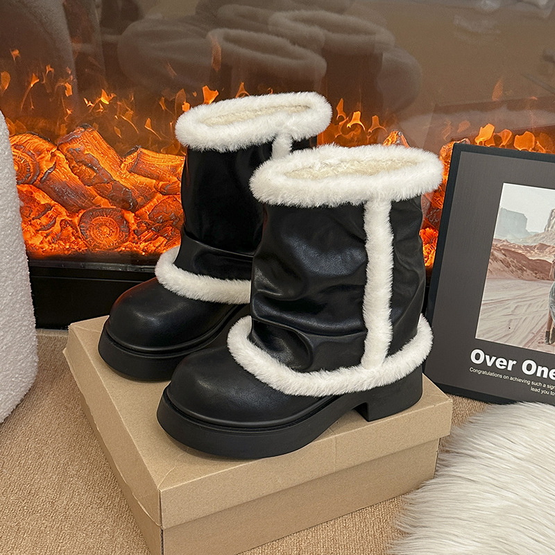 Γυναικείες χειμερινές μπότες με τεχνητή γούνα – εσωτερική επένδυση από τεχνητή γούνα, παχιά σόλα από καουτσούκ, μεσαίο ύψος μανσέτας, στρογγυλή μύτη