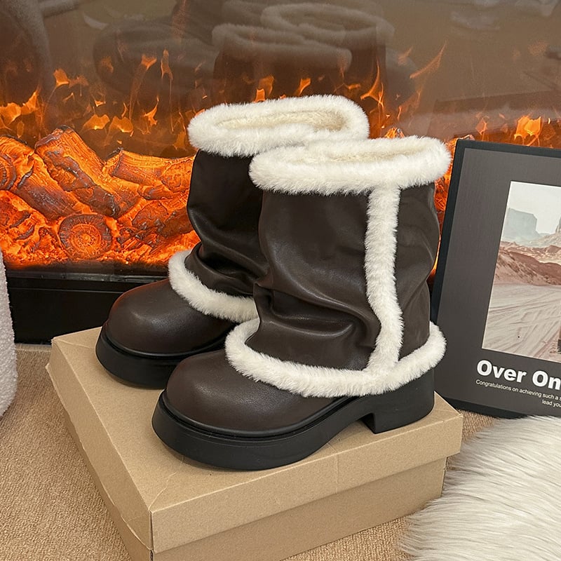 Γυναικείες χειμερινές μπότες με τεχνητή γούνα – εσωτερική επένδυση από τεχνητή γούνα, παχιά σόλα από καουτσούκ, μεσαίο ύψος μανσέτας, στρογγυλή μύτη