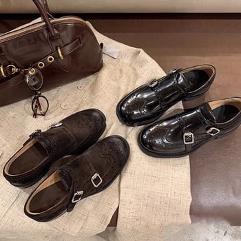 Loafer Oxford din piele de vacă cu cataramă, vârf rotund, toc mediu 3–5 cm, talpă din cauciuc