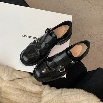 Loafer Oxford din piele de vacă cu cataramă, vârf rotund, toc mediu 3–5 cm, talpă din cauciuc