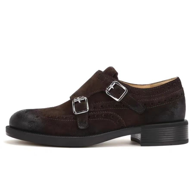 Loafer Oxford din piele de vacă cu cataramă, vârf rotund, toc mediu 3–5 cm, talpă din cauciuc