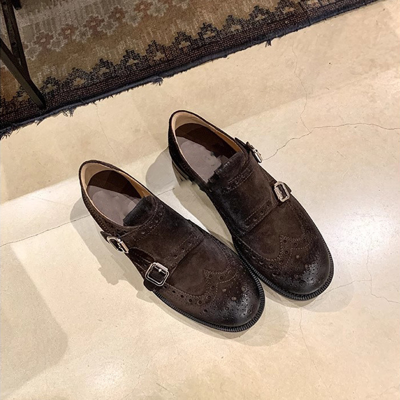 Loafer Oxford din piele de vacă cu cataramă, vârf rotund, toc mediu 3–5 cm, talpă din cauciuc