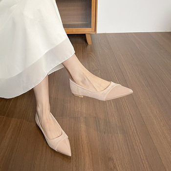 Pantofi balerini pentru femei cu vârf ascuțit, stil franțuzesc, partea superioară din super fiber, căptușeală din super fiber, talpă din cauciuc, toc plat mic sub 3 cm