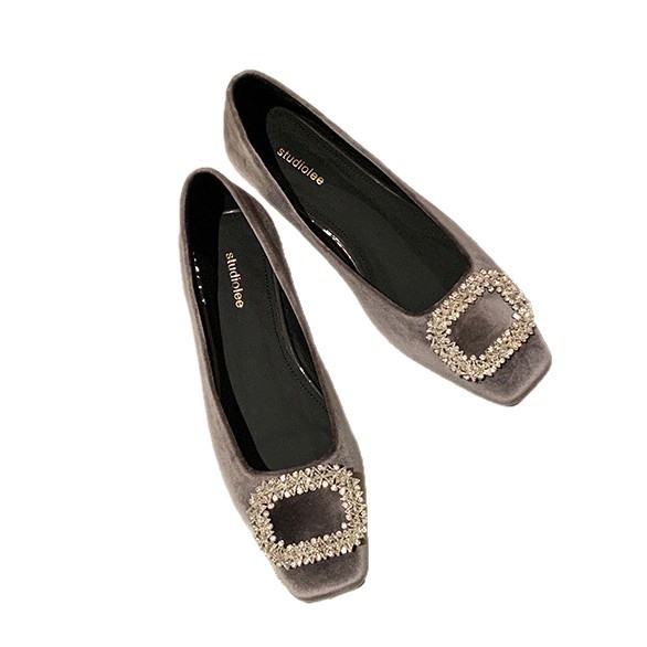 Pantofi femei cu toc mic și vârf drept, partea superioară din Super Fiber, branț PU, talpă din cauciuc, stil coreean