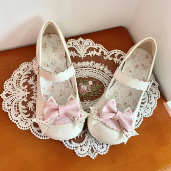 Pantofi femei Lolita, cu laba de pisică și fundă, vârf rotund, PU partea superioară, toc mic 1–3 cm, închidere cu cataramă, talpă din cauciuc