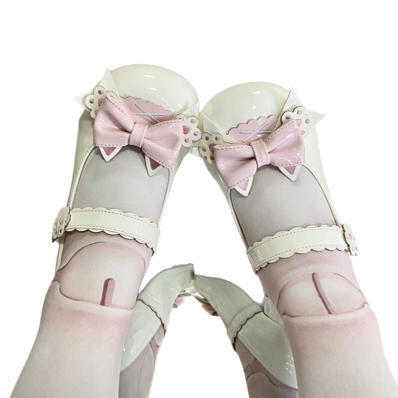 Pantofi femei Lolita, cu laba de pisică și fundă, vârf rotund, PU partea superioară, toc mic 1–3 cm, închidere cu cataramă, talpă din cauciuc