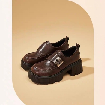 Loafers cu vârf rotund, stil britanic, închidere Velcro, talpă din cauciuc, toc gros 3-5 cm, partea super-fibră