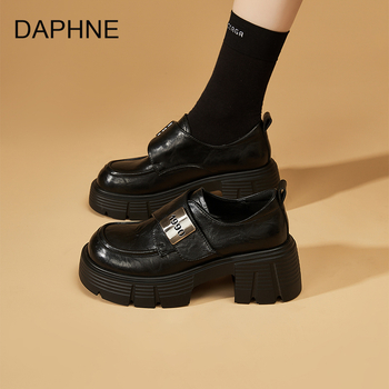 Loafers cu vârf rotund, stil britanic, închidere Velcro, talpă din cauciuc, toc gros 3-5 cm, partea super-fibră