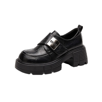 Loafers cu vârf rotund, stil britanic, închidere Velcro, talpă din cauciuc, toc gros 3-5 cm, partea super-fibră