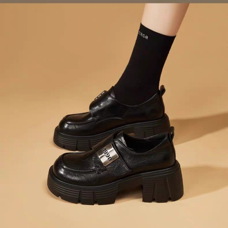 Loafers cu vârf rotund, stil britanic, închidere Velcro, talpă din cauciuc, toc gros 3-5 cm, partea super-fibră