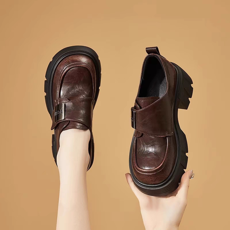 Loafers cu vârf rotund, stil britanic, închidere Velcro, talpă din cauciuc, toc gros 3-5 cm, partea super-fibră