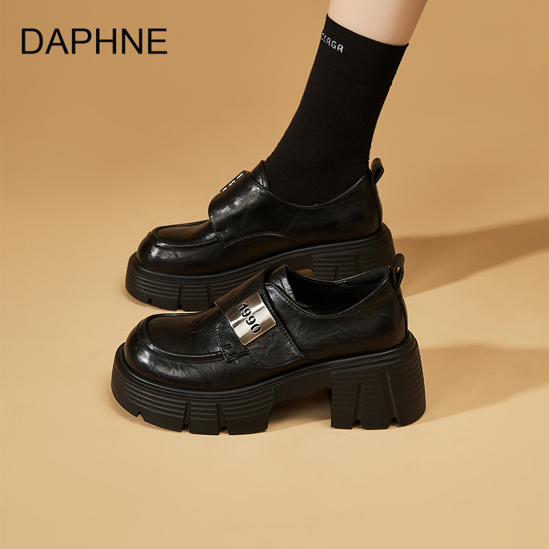 Loafers cu vârf rotund, stil britanic, închidere Velcro, talpă din cauciuc, toc gros 3-5 cm, partea super-fibră