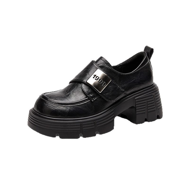 Loafers cu vârf rotund, stil britanic, închidere Velcro, talpă din cauciuc, toc gros 3-5 cm, partea super-fibră